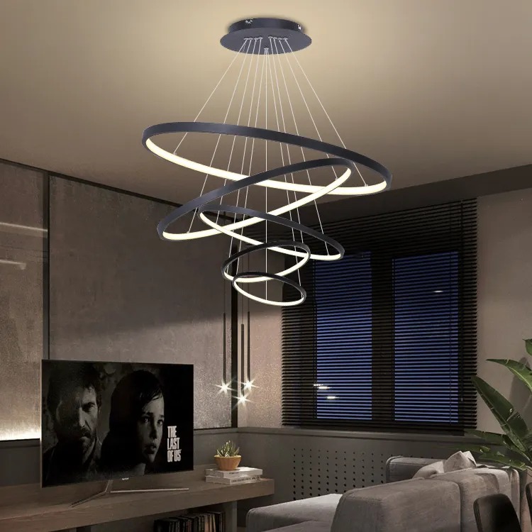 Benutzer definiertes Hotelprojekt Modernes Wohnzimmer Schwarze runde Decke Kronleuchter Led Kreis Ring Pendel leuchte