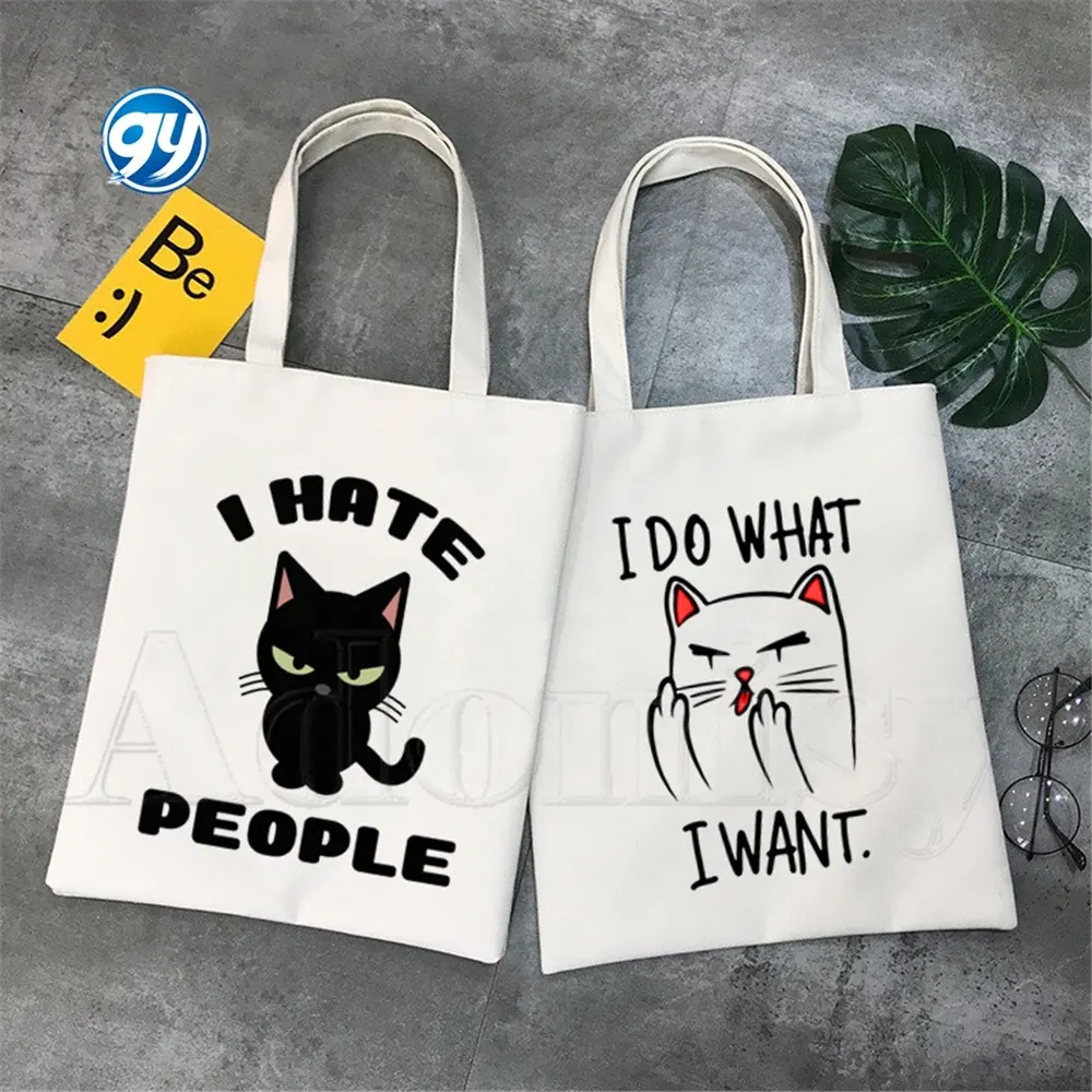 Gato divertido hacer lo que quiero Corea Ulzzang Shopper estampado lienzo Tote mano niños bolsos de hombro mujeres Harajuku niños bolsos de hombro