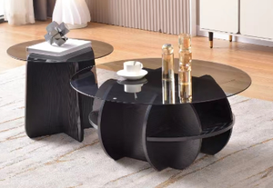Modern <b>Round</b> Tempered Glass <b>Coffee</b> <b>Table</b> Set With Storage <b>Black</b> Wood Base Living Room Furniture - Product Image 4