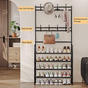 5-Layer Free Standing Metal Coat & <b>Shoe</b> Rack with Hooks Sturdy & Durable Rust-proof Detachable Stand for Living Room and Bags - Product Image 2