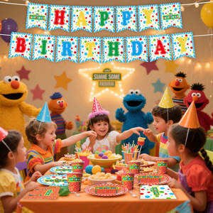 Articles de fête d'anniversaire sur <span class=keywords><strong>le</strong></span> thème de <span class=keywords><strong>la</strong></span> série télévisée Big Bird, comprenant des assiettes en papier, des gobelets, une nappe et une bannière pour les événements de célébration des enfants - Product Image 2