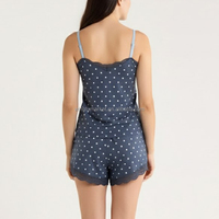 Ensemble de pyjama pour femmes en gros, bleu marine à pois, avec dentelle, camisole et short, vêtements de détente