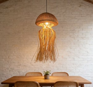 Lámpara de Techo LED de Ratán Natural Tejida a Mano, <span class=keywords><strong>Luz</strong></span> Blanca Cálida Regulable, Pantalla Creativa con Forma de Medusa para Iluminación de Villas y Hoteles de Lujo - Product Image 4