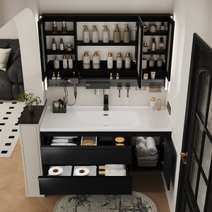 Meuble de salle de bain de style mi-moderne, luxe léger, avec miroir intelligent et plan de travail en céramique noire, finition grain de bois foncé et rangement intégré. - Product Image 6