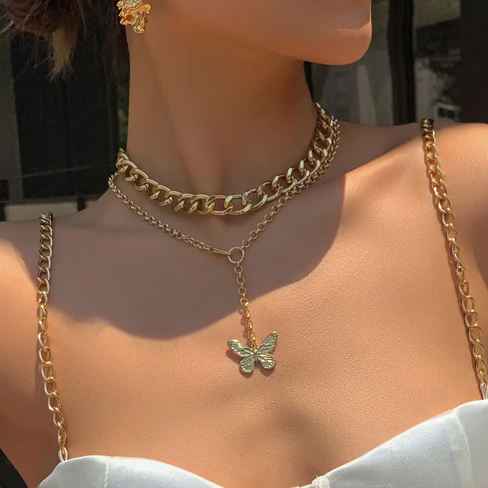 Collier papillon doré avec chaîne somptueuse, pour femmes, pendentifs, style de rue, Boho, Vintage, à la mode, bijoux d'été, tendance, années 90