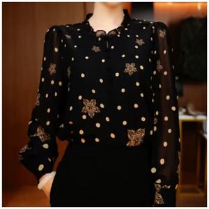 Blusa de Gasa con Estampado Floral y Puntos para Mujer, Cuello en V con Volantes, Manga Larga, Transparente, para Uso Casual y de Oficina - Product Image 2