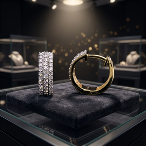 14K <b>Gold</b> Rhodium Plated Natural Diamond Women's Wedding Gift Hoop Earrings Triple Row Micro Pave Setting Brilliant <b>Huggie</b> Hoops - Product Image 4