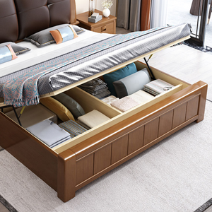 Meubles de chambre à coucher en bois massif de style chinois, lit moderne avec cadre en bois massif, taille reine et king, avec rangement - Product Image 5