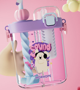Gourde Enfant 600ml Anti-fuite en Plastique Sans BPA, Bouteille d'Eau Réutilisable 2-en-1 avec Paille pour Enfants et Écoliers - Product Image 3