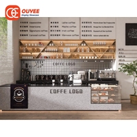 Service de conception de magasin de café sur mesure avec table d'exposition pour franchise, aménagement de café en contreplaqué