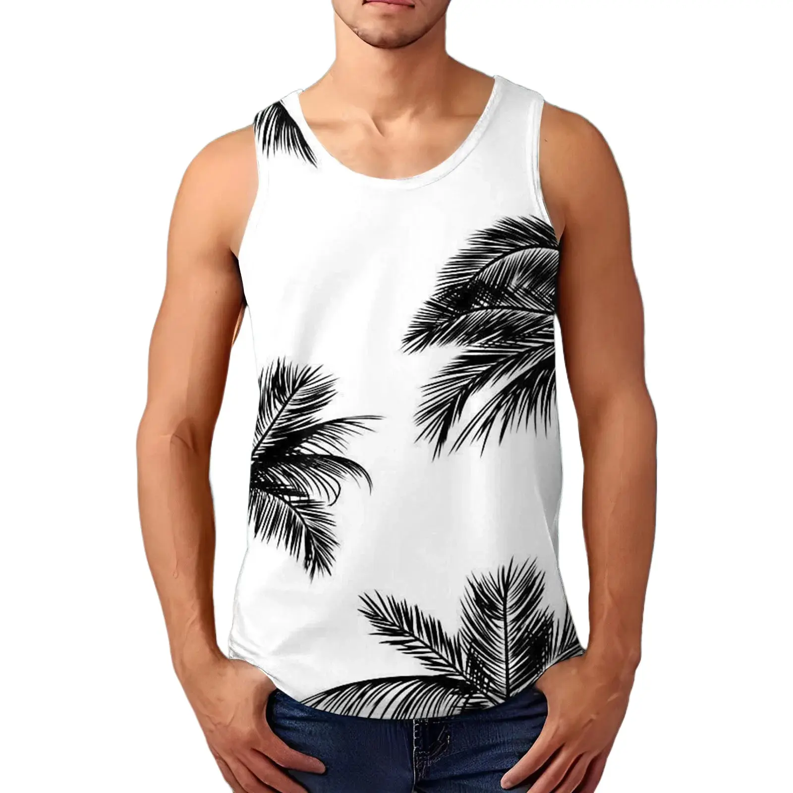Fitspi Mens Hawaiian Top Male Casual 3d Coconut Tree Leaf Printed Summer Sleeveless Shirt Clothing Bodybuilding Casual Vest