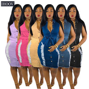 Vestido vaquero informal sin mangas con botones para mujer, sexy, rasgado - Product Image 1