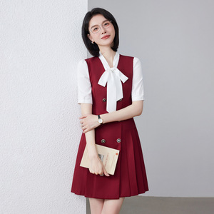 Preppy Style Sleeveless Vest Dress For Women With <b>Bow</b> Neckline Pleated Skirt Workwear Career Dress - Product Image 2