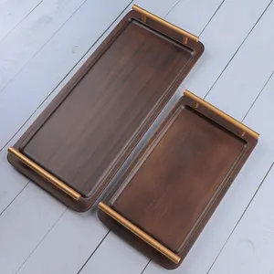 premium large serving tray dry fruit serving tray in walnut color wooden serving tray with metal handles