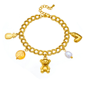 Fashionable Double Chain Gold Plated Stainless Steel Bracelet With Bear Pineapple Pearl Charms Women's Jewelry Gift - Product Image 5