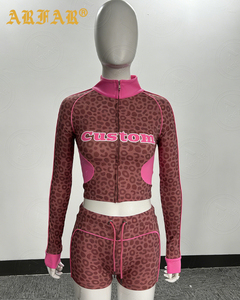 Tuta Sportiva Due Pezzi <span class=keywords><strong>da</strong></span> <span class=keywords><strong>Donna</strong></span>, Set Personalizzato con Stampa Ghepardo, Giacca e Pantaloncini, Abbigliamento Streetwear Autunno Inverno per Donne - Product Image 2