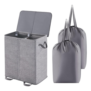 Cesto de ropa sucia plegable de doble capa de lino y algodón con tapa <span class=keywords><strong>2</strong></span> divisores Cesta de ropa sucia - Product Image 1