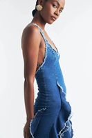 Robe longue en jean bleu personnalisée pour femme, col halter, franges, sans manches, design rétro, pour soirées, événements, sorties décontractées