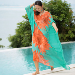 Grosir blus pantai sifon ukuran besar Motif bunga matahari cetak wanita baju matahari Bikini penutup pantai - Product Image 2