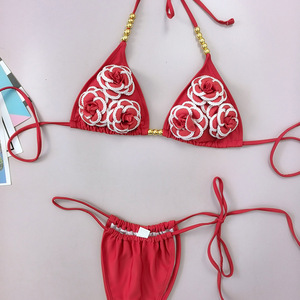 Ensemble bikini 3D en tissu fleuri pour femme, maillot de bain perlé à licol, vêtements de plage personnalisés en gros, tenue de festival, vêtements de plage caribéens, 2 pièces OEM - Product Image 2