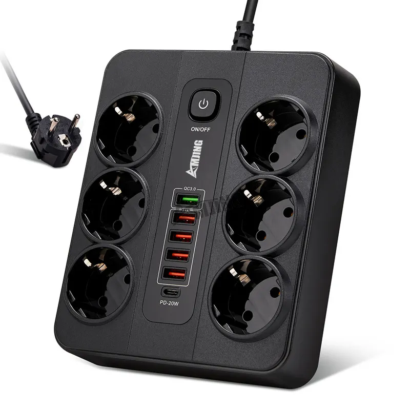 In Stock 6 outlet smart eu extension sockets PD20W+QC3.0 usb surge protector power strip