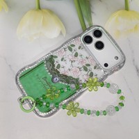 Casing Ponsel Bermotif Bunga untuk iPhone 11 12 13 14 15 16 17 Pro Max dengan Tali Berhias Manik-Manik Bingkai Berlian Imitasi Casing Pelindung Mewah