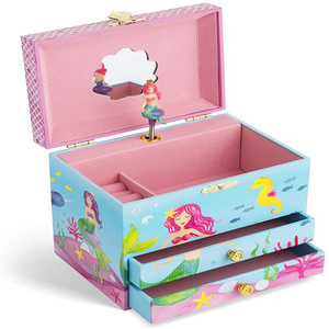 Hot sale new design musical ballerina mermaid jewelry box pink wood fiberboard kids kids gift jewelry box