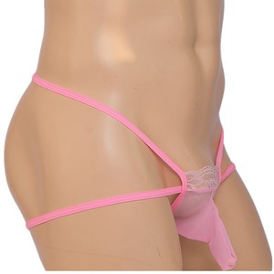 Culotte string sexy pour homme en dentelle rose, taille ultra basse, en maille respirante avec poche pour pénis - Product Image 2