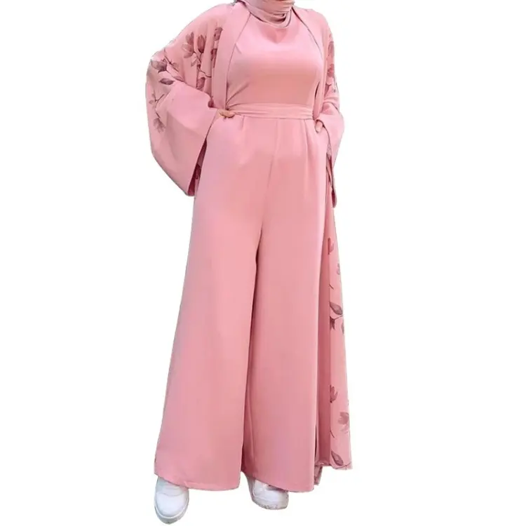 도매 가격 새로운 꽃 프린트 긴 코트 패션 우아한 여성의 2 피스 세트 이슬람 겸손한 부르카 아바야 가운 cabaya