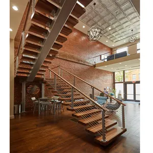Indoor Straight Wood Tread Glass Railing Modern Floating Staircase/Prefab Led Light Wood Stair