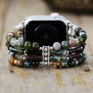 Correa elástica con cuentas de ágata negra para Apple Watch, banda de piedra natural de varias capas, accesorio de moda para reloj inteligente - Product Image 4