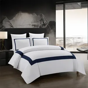 Conjunto de cama de poliéster branco com borda azul escuro para hotel, roupa de cama king queen tamanho 3 em 1, capa e fronhas