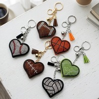 Porte-clés Sportif Cœur Strass Scintillant Baseball Basketball Football avec Pendentif Sac en Cuir et Pompon pour Clés de Voiture