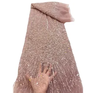 Pembe boncuklu elbise dantel fransız gipür kumaş Sequins nakış boncuk dantel kumaş