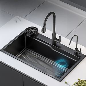 Évier de cuisine en quartz noir à poser sous plan, double niveau, grande cuve unique en granit pour usage domestique - Product Image 4