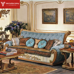 Ensemble de meubles de salon de luxe en noyer doré, canapé en bois sculpté de style européen, table basse à niveaux, design ethnologique - Product Image 1
