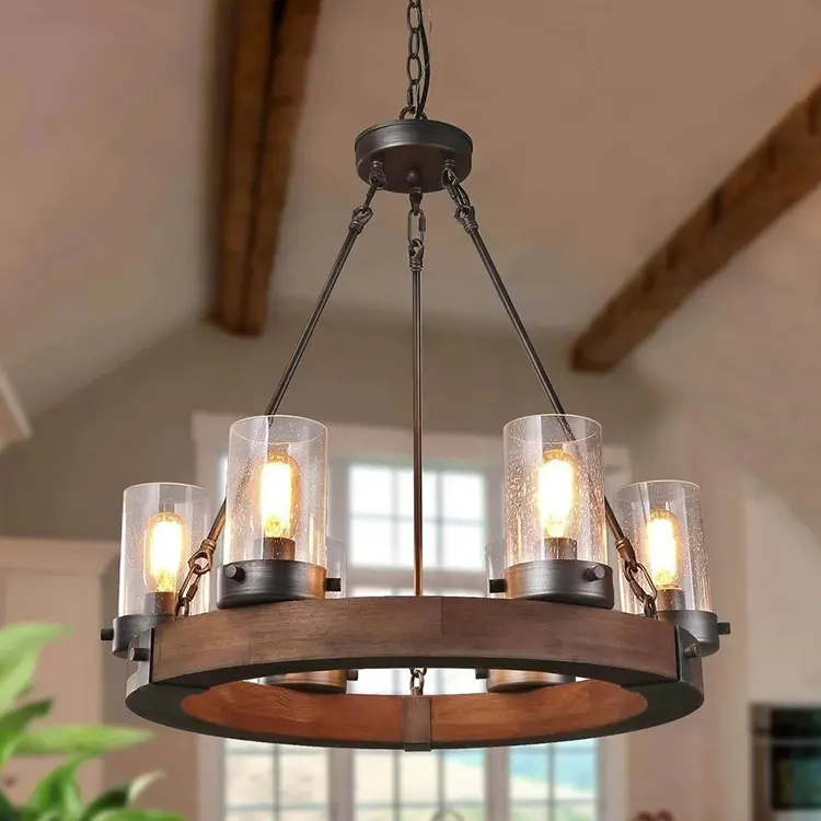 Lampu gantung diode kaca pemancar cahaya, lampu gantung kayu kualitas tinggi