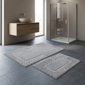 Luxury Davis Light <b>Grey</b> Recycled Cotton Yarn Dyed Jacquard Woven Water Absorbent Bath <b>Rug</b> Set 40x60 cm + 60x100 Cm-Made Turkey - Product Image 3