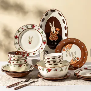 Novidade pintada à mão páscoa coelho tema cerâmica placas conjuntos talheres porcelana jantar conjuntos louça para presente