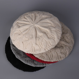 Béret en laine pour femme, bonnet tricoté style coréen, chaud, crème, noir, gris, rouge, beige - Product Image 1