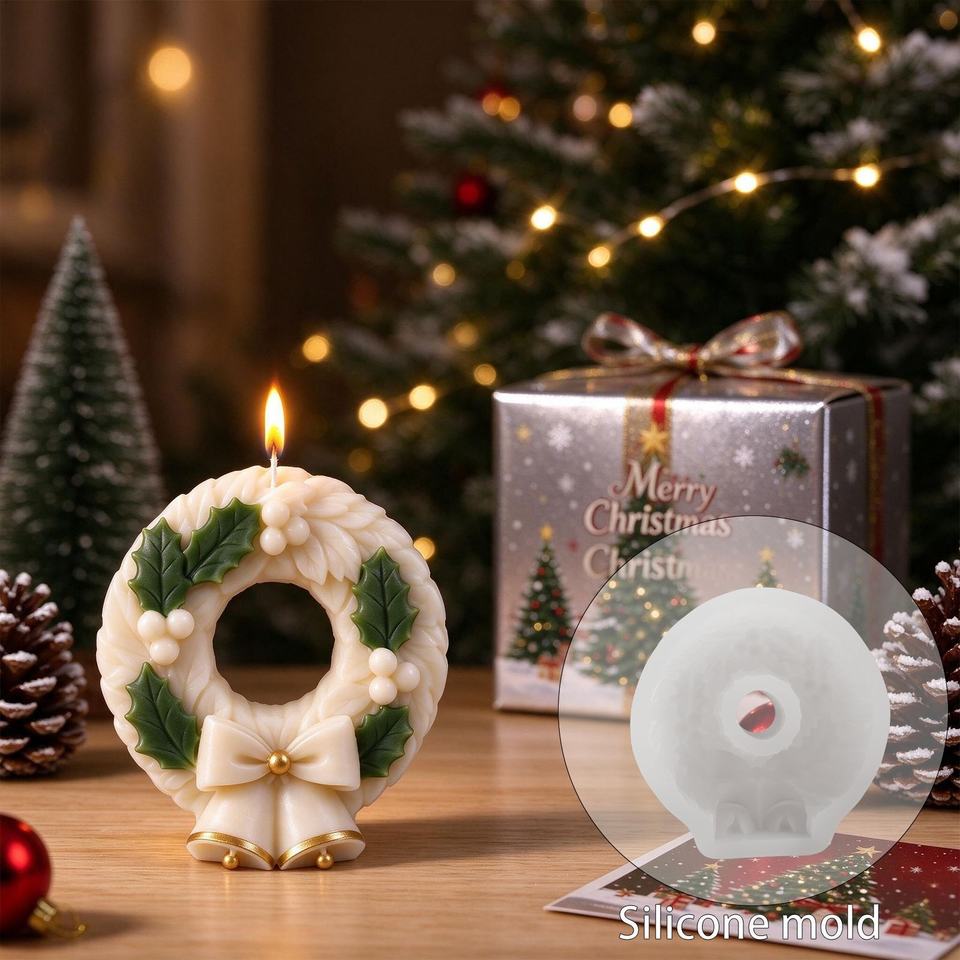 DM1461 Christmas Wreath Silicone Mold Holly Berry Bow Bell Resin Candle ...