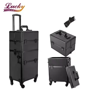 Valise de maquillage professionnelle 3 en 1, 4 roues, en aluminium, valise de maquillage cosmétique roulante, boîte à roulettes verrouillable - Product Image 1