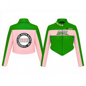 Alfa |   Kapa |   Chaqueta de cuero PU Alpha AKA Sorority de alta calidad, estilo racing, corte ajustado, personalizable con cualquier logotipo. - Product Image 1