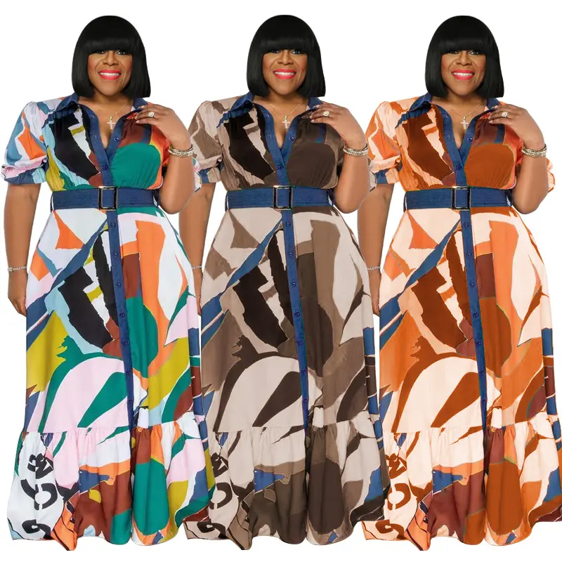 새로운 디자인 도매 플러스 사이즈 여성 의류 패션 인쇄 긴 플러스 사이즈 여성 드레스