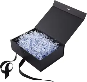 रिबन हेयर एक्सटेंशन पैकेजिंग के साथ थोक ब्लैक लक्जरी मैग्नेटिक कस्टम लोगो हेयर पेपर उपहार बॉक्स