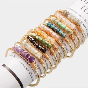 Fashion Handmade Nature Stone Wire Wrapped Gold Plated Crystal Gemstone Stone Cuff Bangle Bracelet