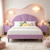Lit plateforme rembourré en velours violet clair avec tête de lit incurvée en forme d'éventail, taille double, pour chambre de fille