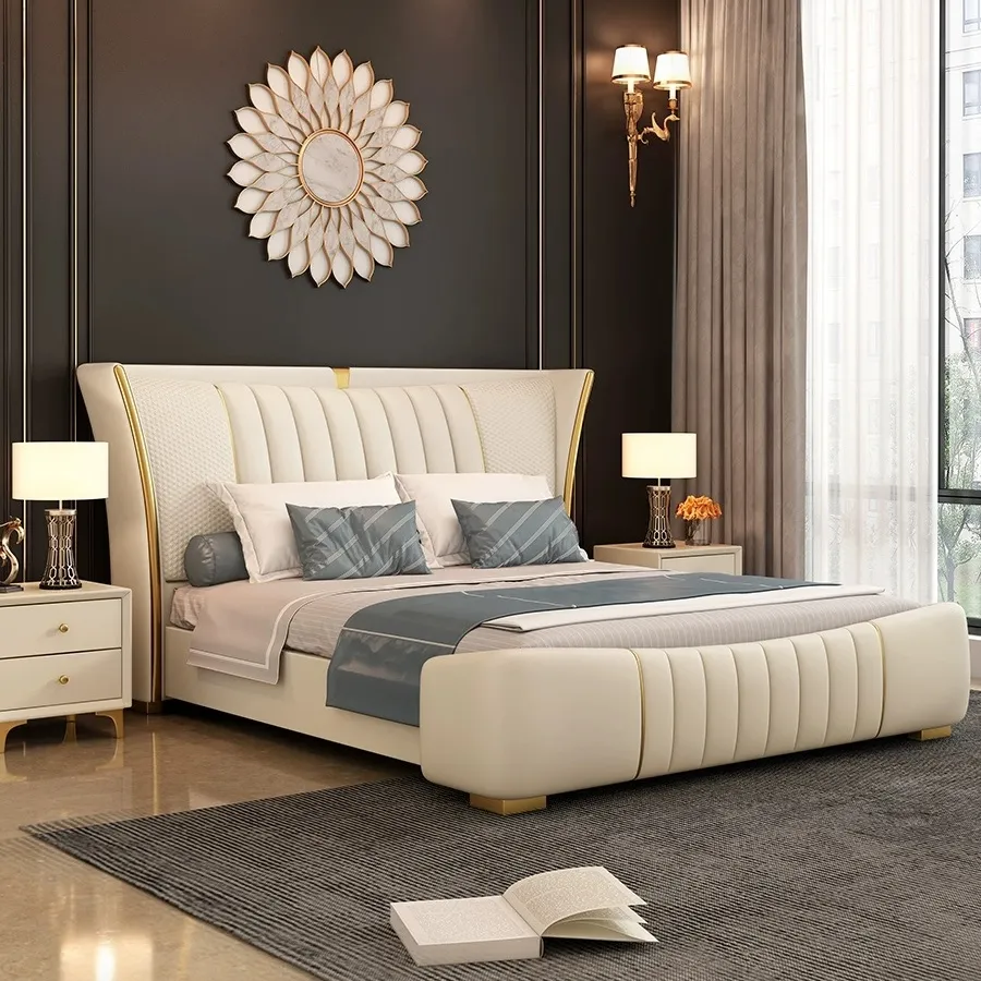 홈 킹 사이즈 큰 헤드 보드 가죽 덮개를 씌운 이탈리아 스타일 현대 고급 침실 프레임 세트 침대 방 가구