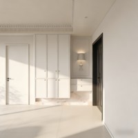 Meuble à chaussures d'entrée de luxe avec base en marbre blanc, poignées dorées, tiroirs de rangement et portes multiples