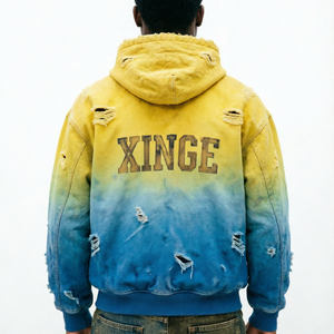 Custom High Quality Acid Washed Vintage Faded Distressed 500gsm Hoodie Hooded Zip up Denim Canvas Boxy <b>Workers</b> <b>Jacket</b> Sweatshirt - Product Image 4